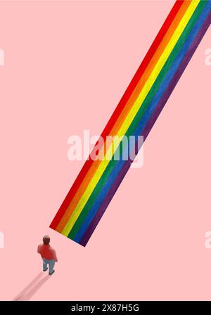 Illustration of man standing at LGBTQIA pathway on coral background Stock Photo