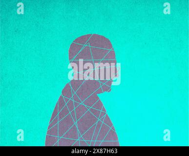 Illustration of senior man with tangled lines over blue background Stock Photo