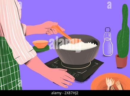 Woman cooking rice in pot on stove against purple background Stock Photo