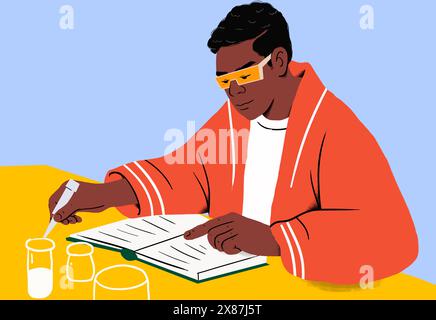 Focused student studying in chemistry lab and reading notebook Stock Photo