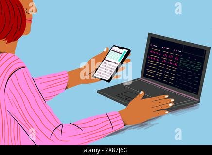 Businesswoman with phone analytics by laptop over blue background Stock Photo