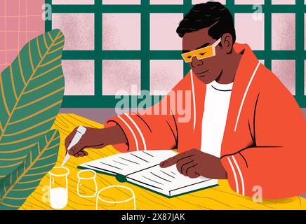 Student with eyeglasses conducting experiment and reading notes in book Stock Photo