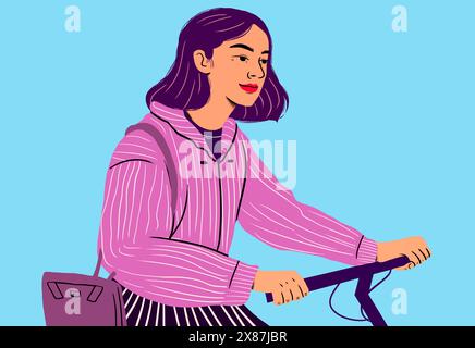 Woman commuting on bicycle in front of blue background Stock Photo