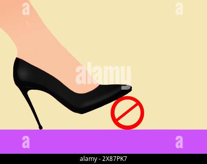 Women foot wearing high heel and stepping on forbidden sign Stock Photo