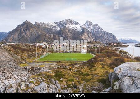 Norway, Northern Norway, Henningsvaer, Soccer field in Lofoten archipelago Stock Photo
