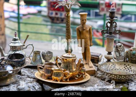 antique market at Matka Canyon near Skopje, vintage metal utensil and other things in flea market antique shop. Useful for background. Stock Photo