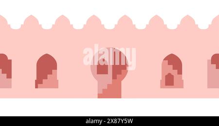 Arabic city wall shape with windows, archs. Moroccan style landscape. Simple Vector seamless border. Stock Vector