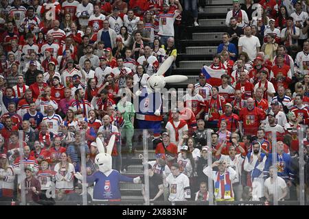 Prague, Czech Republic. 23rd May, 2024. World Hockey Championship - quarterfinals: Czech Republic - USA, 23 May 2024, Prague. Tribune with mascots and fans. Credit: Vit Simanek/CTK Photo/Alamy Live News Stock Photo