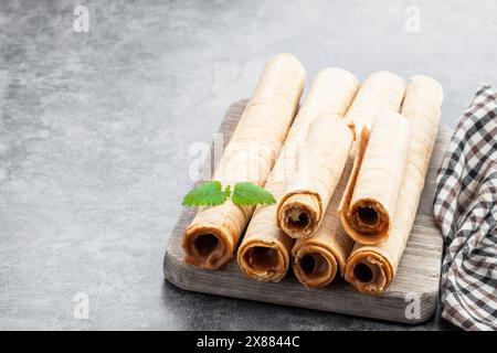 Delicious  of waffer rolls with boiled condensed milk on gray background Stock Photo