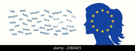 European languages, word hello in different language spoken in Europe, concept of multilingual business and community, multilingualism in the EU Stock Photo