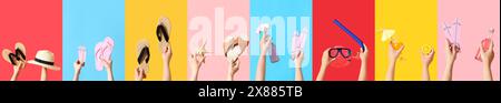 Collage of beach accessories on color background Stock Photo