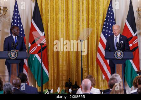 Washington, Vereinigte Staaten. 23rd May, 2024. Kenyan President William Ruto and United States President Joe Biden are seen at a joint-press conference as part of President Rutoâs State Visit to the United States, on Thursday, May 23, 2024. Credit: Aaron Schwartz/CNP/dpa/Alamy Live News Stock Photo