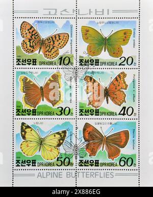 Souvenir Sheet with cancelled postage stamp printed by North Korea, that shows Butterflies, circa 1991. Stock Photo