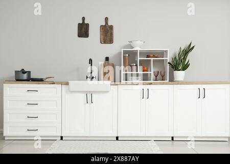 Interior of light kitchen with white counters, houseplant and utensils Stock Photo