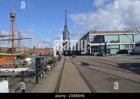 Tracks of the Bristol Harbour Railway alongside The Matthew Ship and M Shed. 26th February 2024. Stock Photo