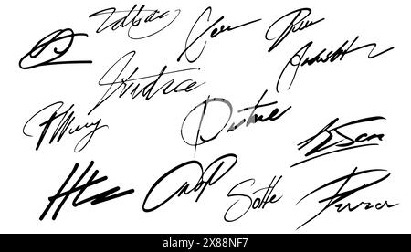 Collection of vector signatures fictitious Autograph illustration. Contract document handwriting scribble pen and agreement sign doodle. Elegance sign Stock Vector