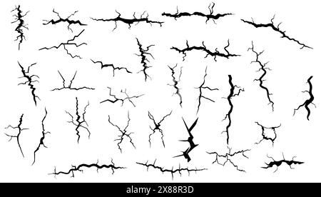 Crack, fissure, crevice vector illustration set black and white. Abstract design damaged texture and fractured dirty template. Hole cracked outline an Stock Vector