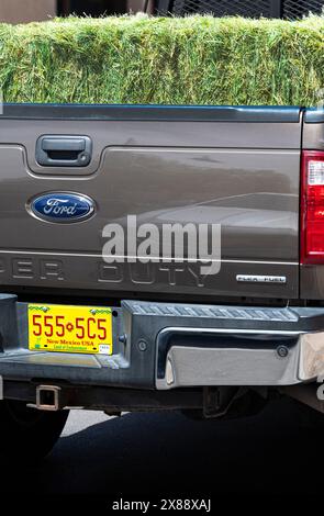 A close up of a supply of horse hay loaded into the back of a pickup truck with New Mexico license plate, Las Cruces, NM Stock Photo