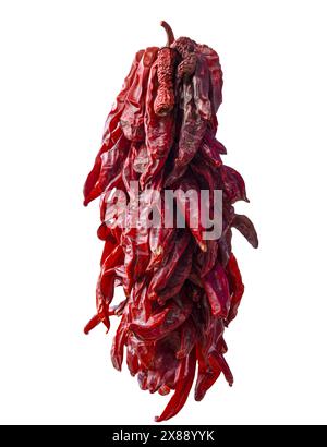Red chili Ristras are peppers strung up to dry in the  New Mexico culture, ready to add to local cuisines on a white background Stock Photo