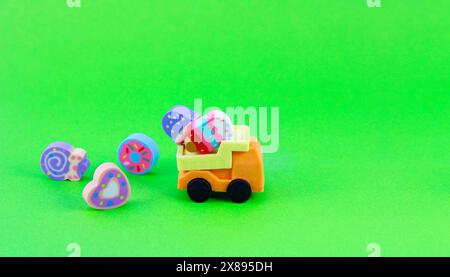 Erasers, truck carrying colorful candy Stock Photo