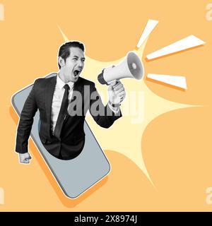 A human hand holding a mobile phone and showing a businessman shouting on a megaphone with a colored background. Business collage Stock Photo