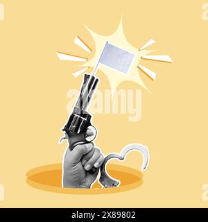 Surreal image of a hand emerging from a hole, firing a vintage gun that shoots a blank flag, against a yellow backdrop, symbolizing nonviolence or cea Stock Photo