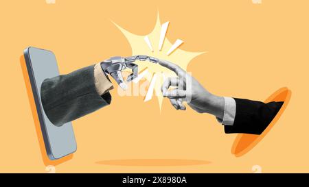 Graphic illustration showing a handshake between a human hand and a robotic arm, symbolizing the connection and collaboration between humans and artif Stock Photo