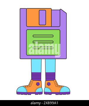 Floppy disk character retro vintage arcade cartoon two legs Stock Vector