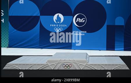 Saint Denis. 23rd May, 2024. Photo taken on May 23, 2024 shows the Paris 2024 podium during an unveiling ceremony of the podiums of the Paris 2024 Olympics and Paralympics held in Saint Denis, near Paris, France. Credit: Julien Mattia/Xinhua/Alamy Live News Stock Photo