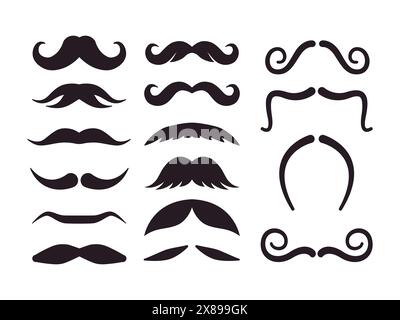 set various black color moustache men facial type curly swirl thick whisker style Stock Vector