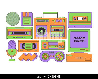 set retro 90s electronic radio tape recorder microphone games switch and vintage computer device Stock Vector