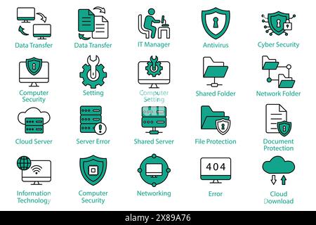 Information technology icon set. data transfer, cyber security, computer setting and more. flat line icon style. technology element vector illustratio Stock Vector