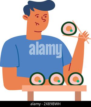 man eating sushi rolls Stock Vector