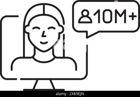 Woman on computer screen with 10 million followers notification. Successful video blogger. Pixel perfect vector icon Stock Vector
