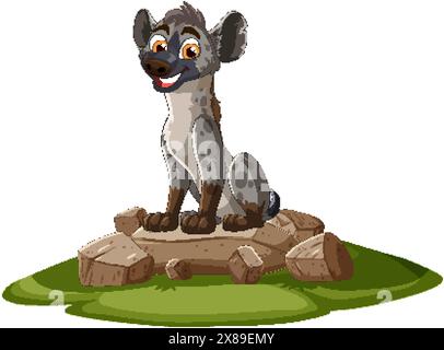 Smiling hyena sitting on rocks and grass Stock Vector