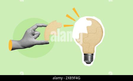 The human hand solves light bulb puzzles as a symbol for new ideas on a colored background. Collage art Stock Photo