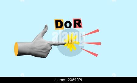 Creative composition with a hand pointing finger to threedimensional text and a yellow flower against a solid blue background, combining elements of n Stock Photo
