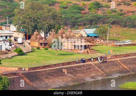 INDIA, KARNATAKA, BAGALKOT, November 2023, Tourist at Mallikarjuna Temple, 11th Century Temple, View from Badami Caves, Badami Stock Photo