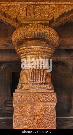 Carved Details on Pillars of Badami Caves, Badami, Baglkot, Karnataka, India. Stock Photo