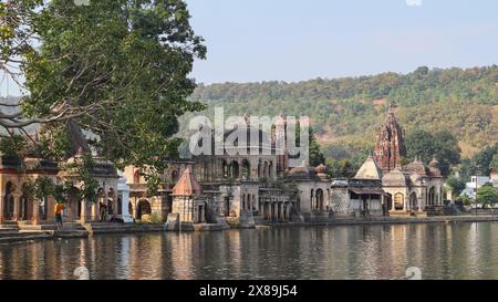 INDIA, MAHARASHTRA, NAGPUR, November 2023, Tourist at Ancient Temples on the bank of Ambala Lake, Ramtek Stock Photo