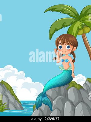 Cartoon mermaid sitting on rocks by the sea Stock Vector