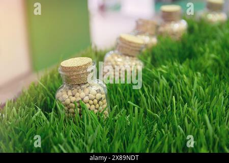 Plant seeds in glass jars and green grass. Organic farming Stock Photo