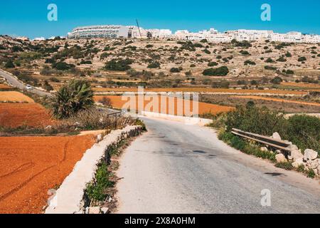 A winding road meanders through colorful farmland in Malta, a landscape dominated by rocks and shrubs Stock Photo