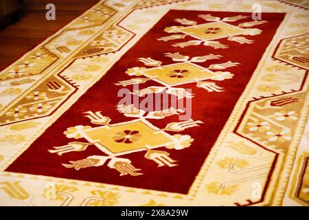 Handmade colored carpet and rug weavings, Anatolian patterned carpet rug texture, carpet material pattern texture flooring Stock Photo
