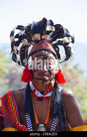 INDIA, NAGALAND, KISAMA HERITAGE VILLAGE, December 2023, People, at Portrait of Konyak man, Hornbill Festival. Stock Photo