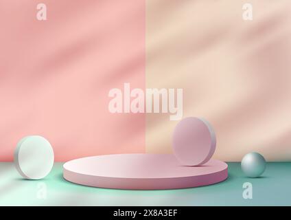 3D round pink podium with circle and ball geometric elements leaves sits on a soft pink background, modern concept, product display, mockup, showroom, Stock Vector