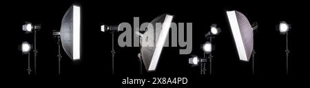 Photography studio flash on a lighting stand isolated on black background with copy space. Professional equipment like monobloc Stock Photo