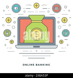 Flat line Banking and Financial Management Concept Vector illustration. Modern thin linear stroke vector icons. Website Graphics, Banner, Infographics Stock Vector