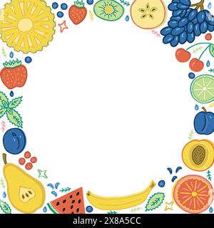 Circle template design adorned with fruit and berry motifs and a blank center. Booklet design featuring fruit and berry decor. Circular frame design Stock Vector