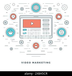 Flat line E-learning or Video Marketing. Vector illustration. Modern thin linear stroke vector icons. Website Graphics, Banner, Infographics Design, P Stock Vector